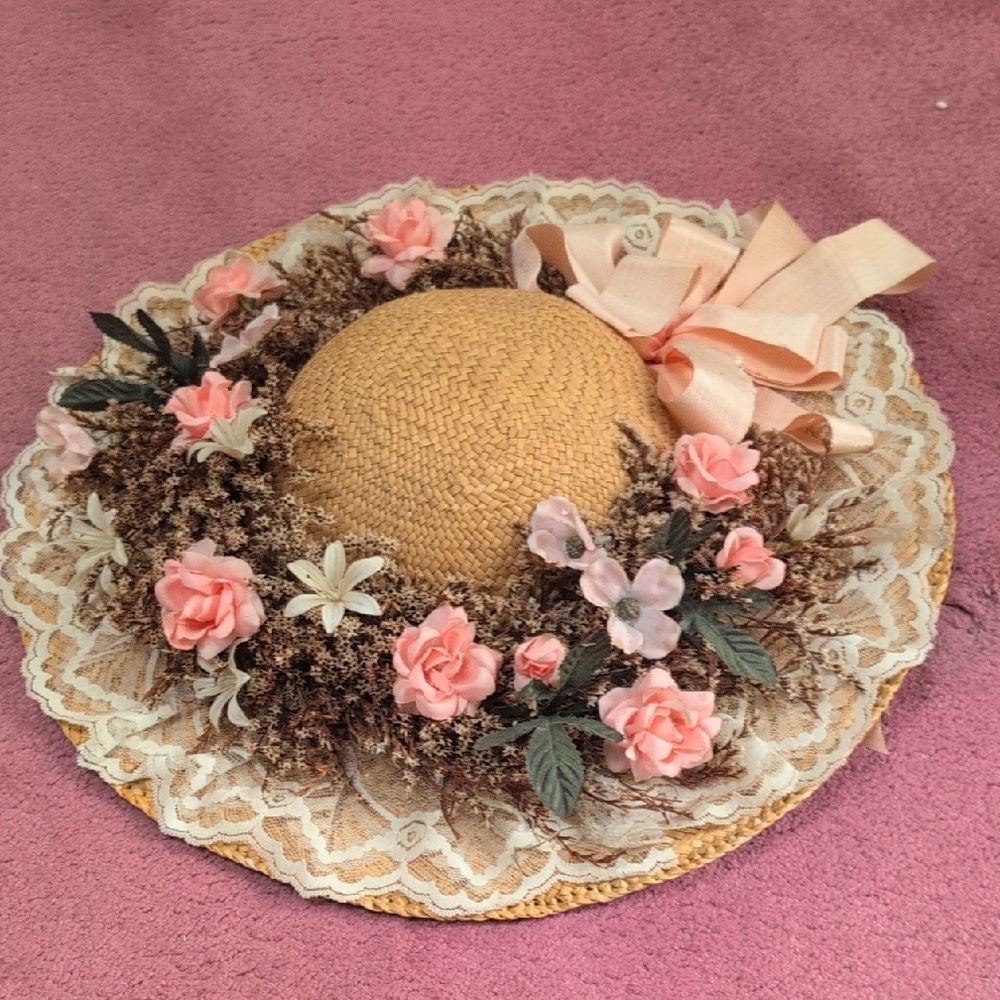 Charming Tan Floral Hat with Pink Accents